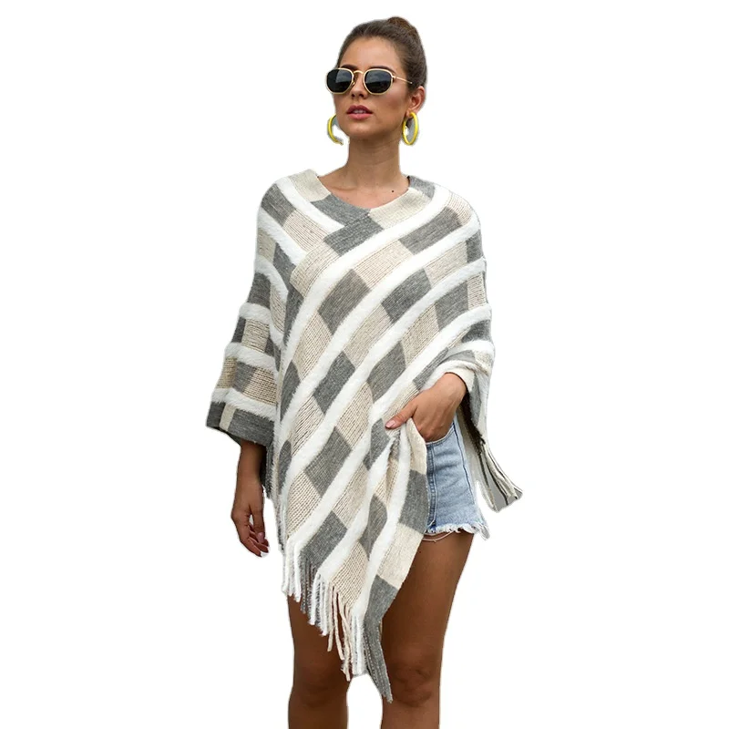 Новинка Осень-зима 2021, женские удобные и мягкие вязаные шали в клетку с кисточками