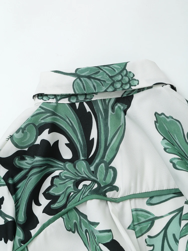 Floral print green white color long sleeve sashes casual fashion midi shirt dress for women