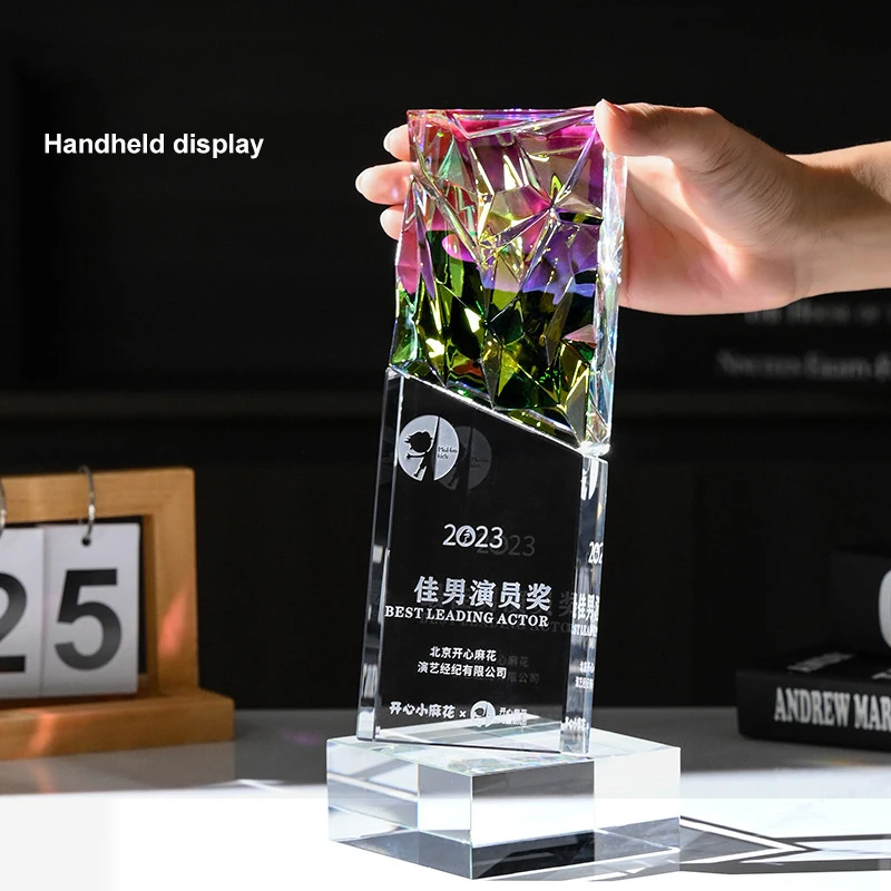 Custom Shape Blank Logo Print Sport Corporate Award Rainbow K9 Crystal Glass Plaque Trophy With Clear Blue Black Base