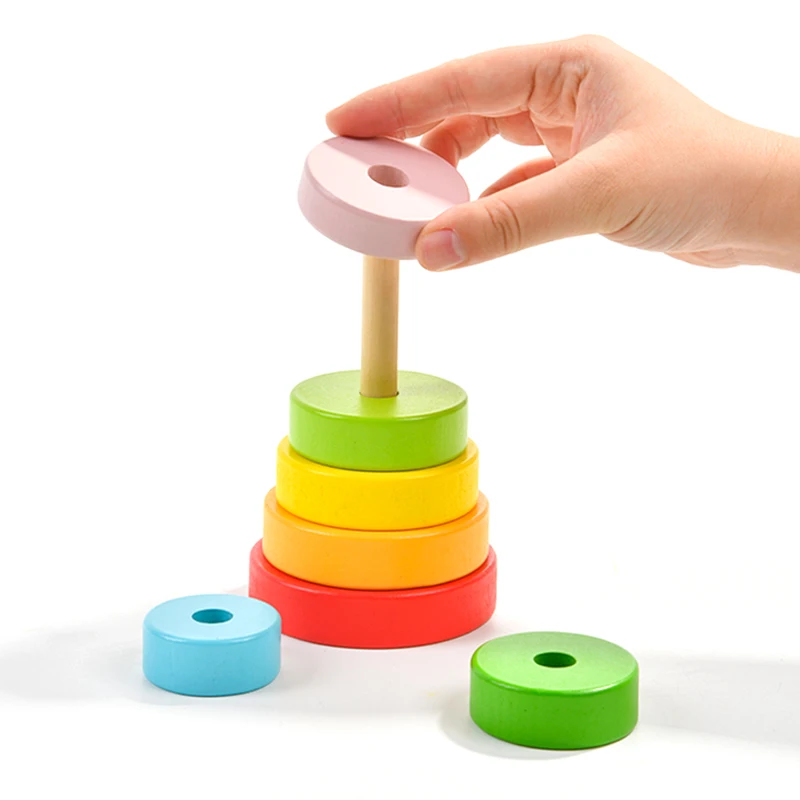 3 in 1 Wooden Rainbow Stacker Toy Tower of Hanoi 7 Colors Rainbow Stacking Stones Building Blocks Set Nesting Toy