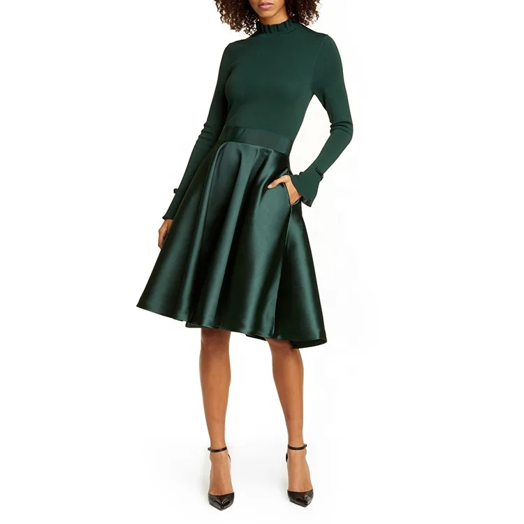 
Custom wholesale dress female long sleeve bow casual skirt green lady elegant evening dress 