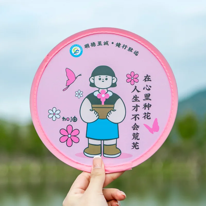 Collapsible Fan With Plastic Handle Summer Promotion Custom Folding Hand Fans Fabric Polyester Nylon Foldable Flying Disc