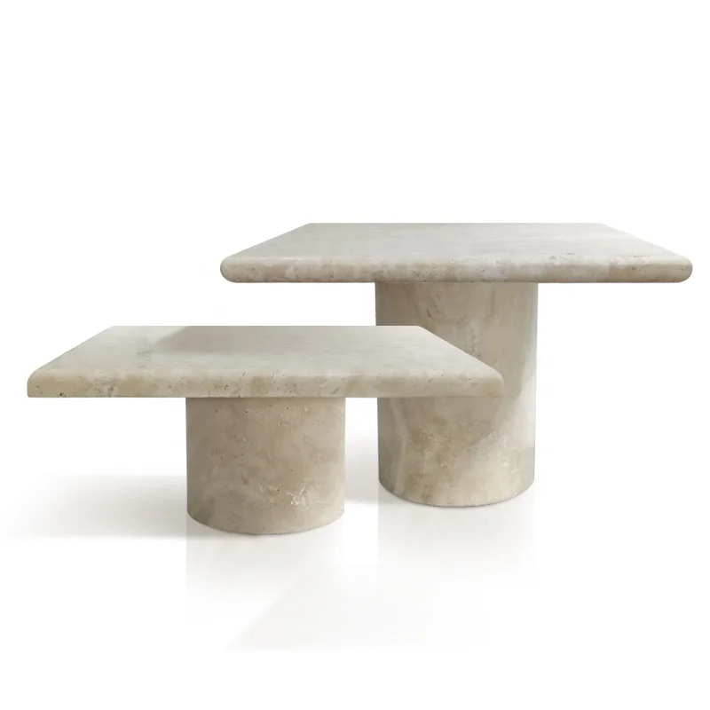 Modern natural marble high and low square living room travertine side table