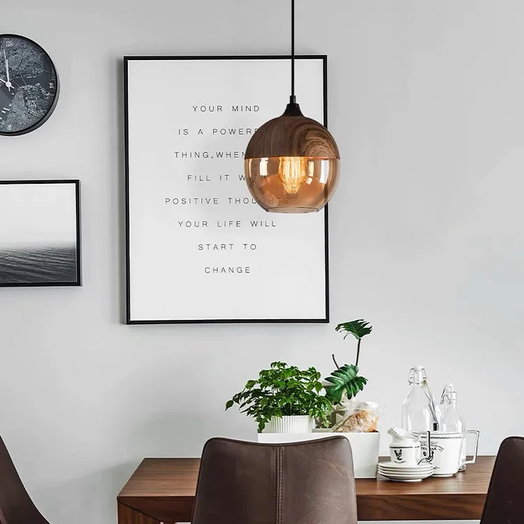 Vintage Wood Pendant Light Modern Decorative Wooden Chandelier Amber Glass Led Chandelier Wood Dining Table For Restaurant
