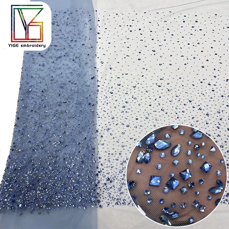 Luxury Crystal Stones Tulle Fabric For Wedding Dress High Quality Swarovski Rhinestone Mesh Blue Crystal Lace Fabric