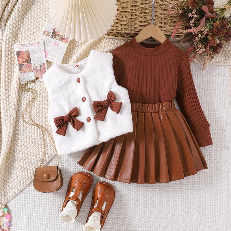2024 New types Autumn and Winter Long sleeve inner match + flocky vest +PU leather short skirt 3 pieces set