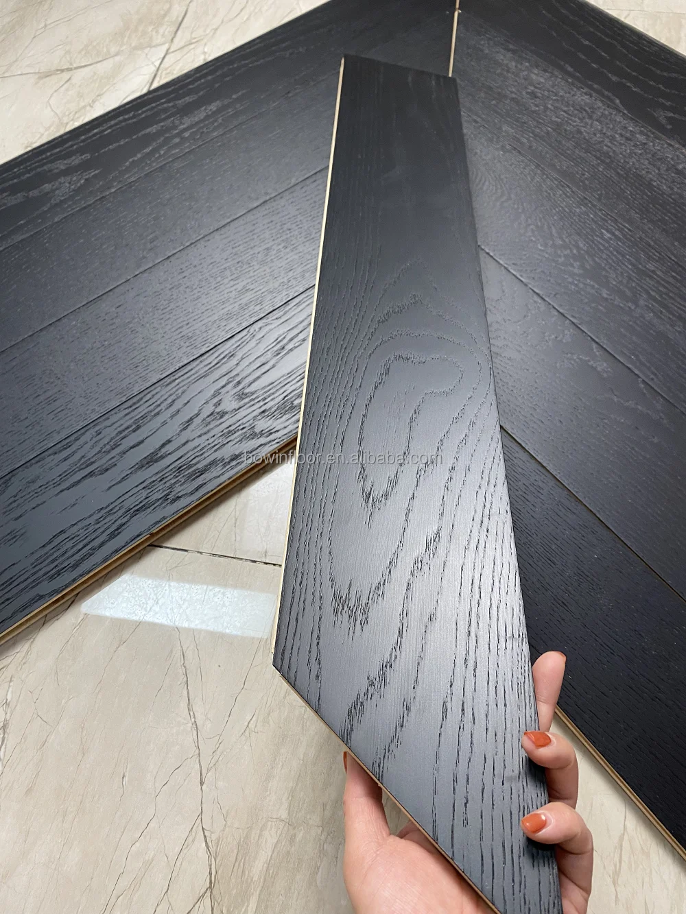 semi gloss full black wood parquet dark color oak engineered chevron flooring