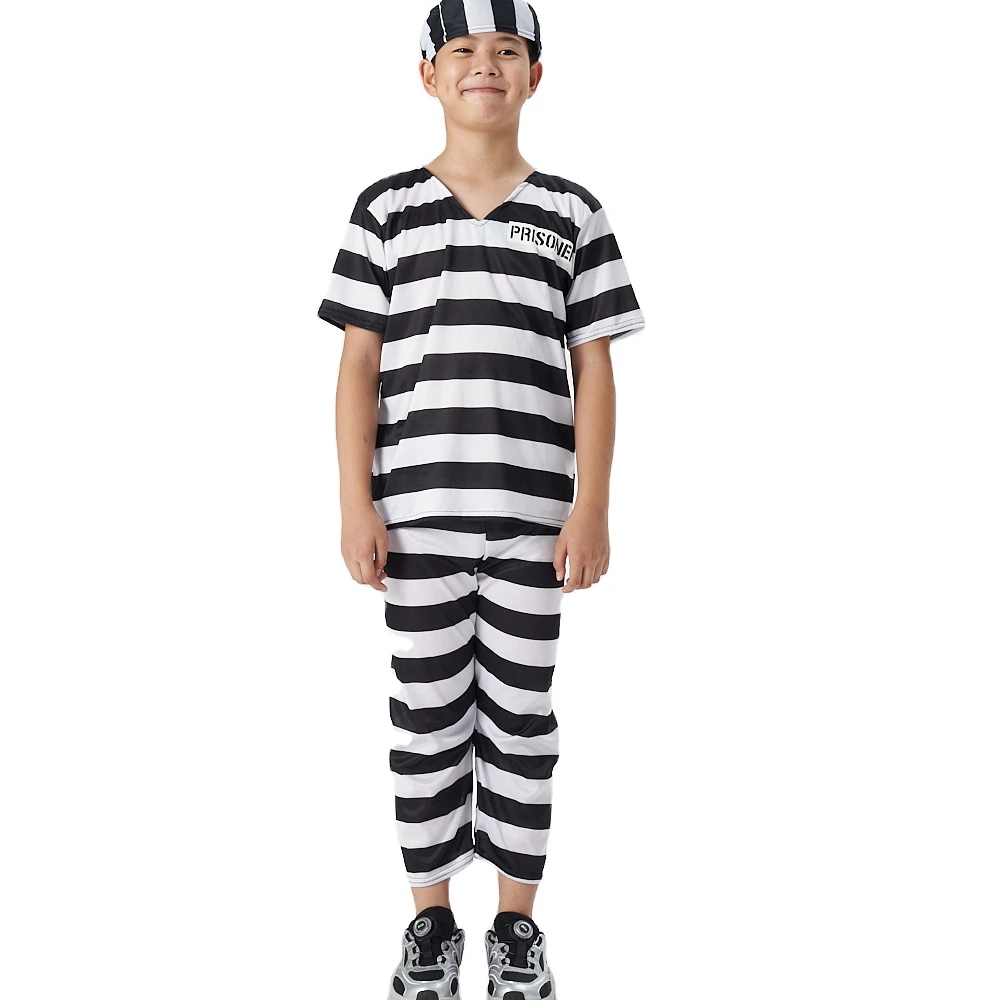 Wholesaler Low Price Children Inmate Cosplay Black&White Striped Set Kids Prisoner Halloween Costumes for Boys