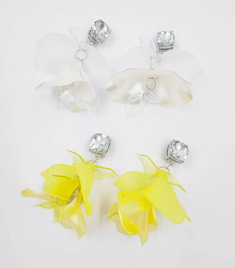 Wholesale Spring Neon Cascading Petals Statement Clip Earrings With Square Glass Stone Women Fashion Jewelry