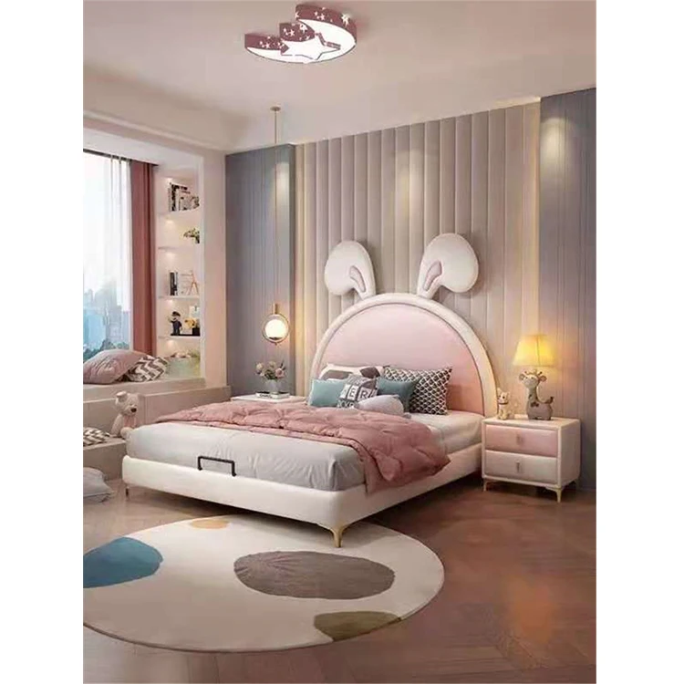 Hot sale New Modern Cartoon Bedroom Furniture Pink Upholstered Single Girls Style Leather Teenage Kids children bed