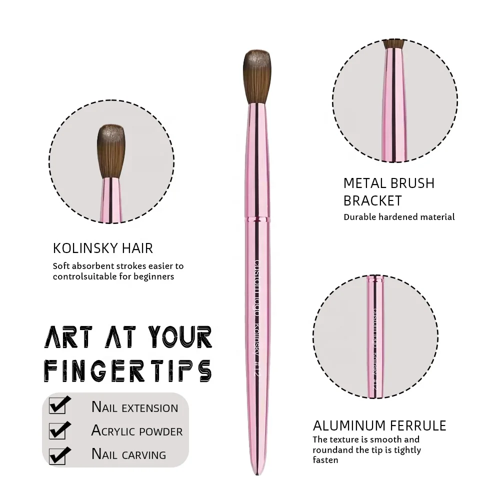 2024 Nail Salon Quality Pure Kolinsky Nail Brush Pink Metal Handle Private Label Nails Brush Acrylic Kolinsky Natural Hair
