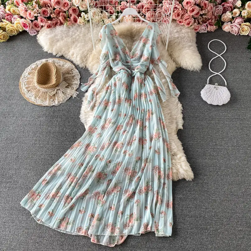 Floral Dress Women 2021 Summer Elegant Ribbon Ruffled Sleeves Pleated V-neck Slim Long Chiffon Dresses Stock