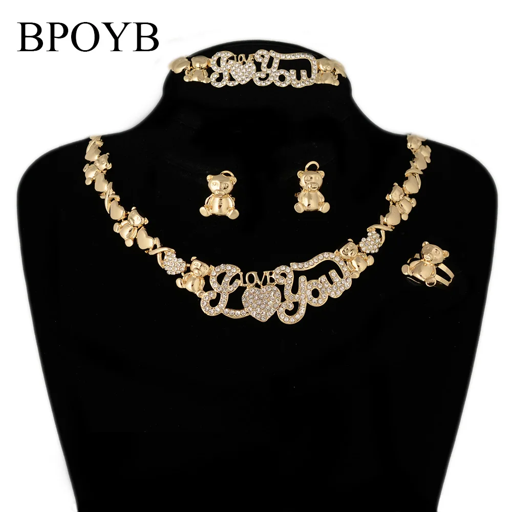 
BPOYB Hot Sale Women Kids Luxury Bridal Saudi Gold Filled Xoxo Necklace Big I Love You Teddy Bear Heart Jewelry Set Valentine 