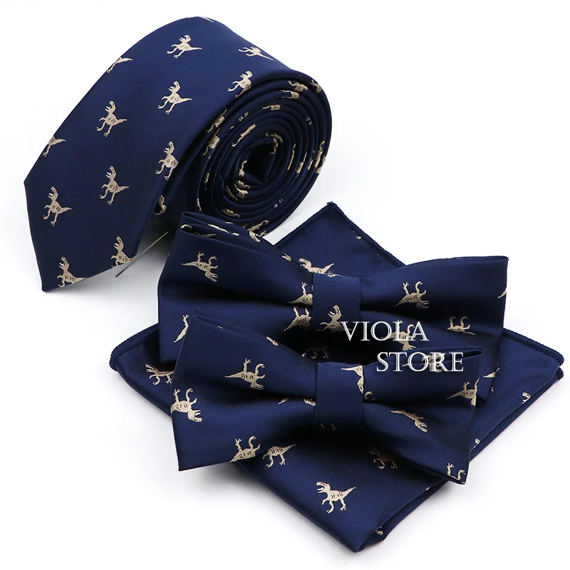Cute Cartoon Dinosaurs Beetle Car 6cm Tie Set Red Blue Animal Bowtie Handkerchief Slim Party Gift Cravat For Men Shirt Accessory