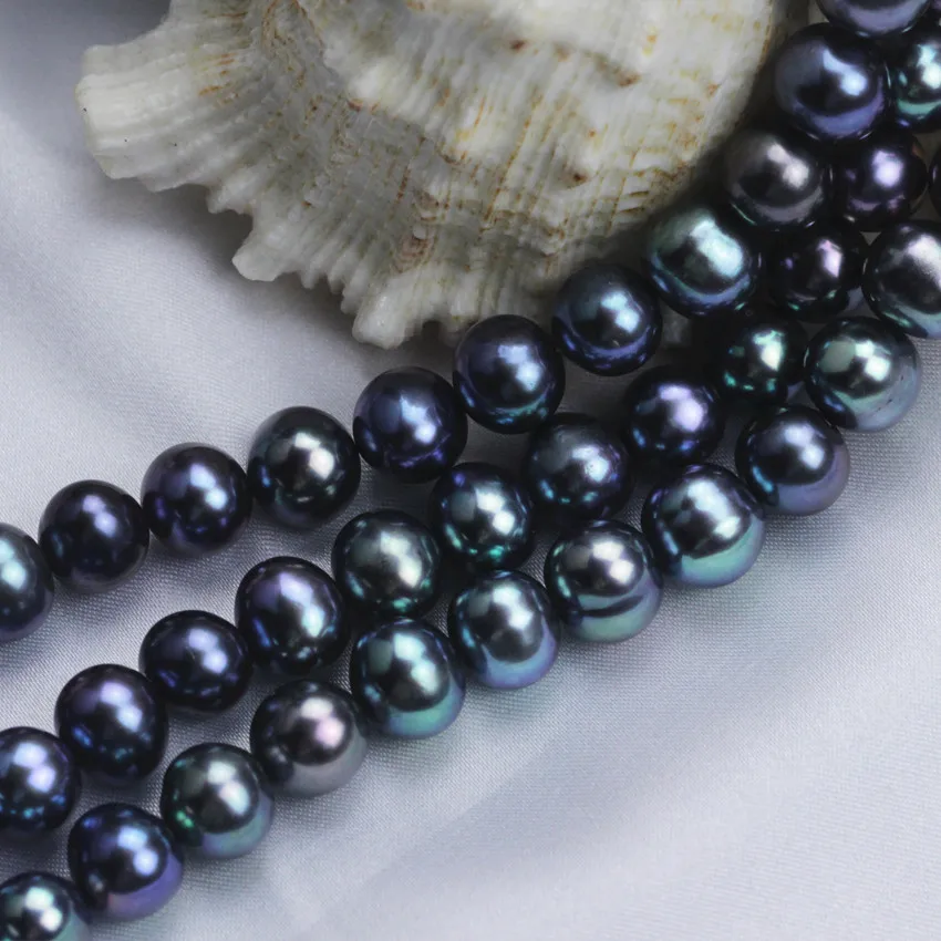 9-10mm wholesale off round peacock black color cultured freshwater perle pearls strands in bulk