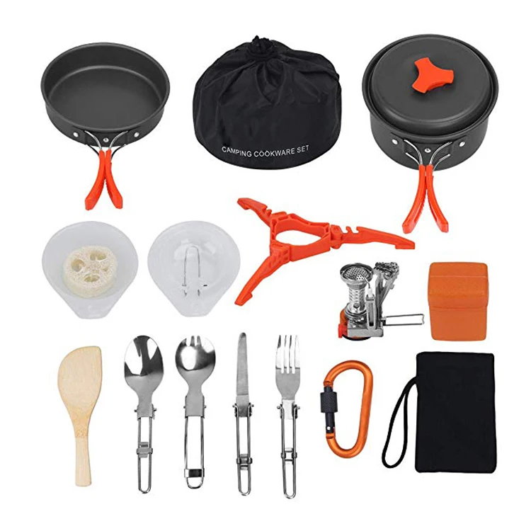 
16pcs Non-Stick Camping Cookware Mess Kit with Folding Camping Stove, Lightweight Pots Pan Set for Outdoor Cooking, Backpacking 