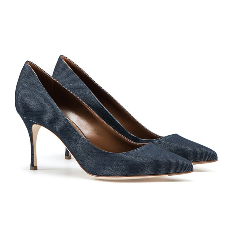 Summer Fashion Oxford Fabric Mid Pointy High Heel Shoes for Women Pumps Ladies Custom Shoe Making
