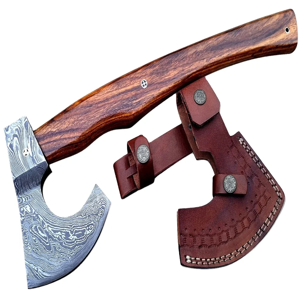 DAMASCUS STEEL TWISTED PATTERN HUNTING AXE WITH ROSE WOO HANDLE (U-AXE-009)