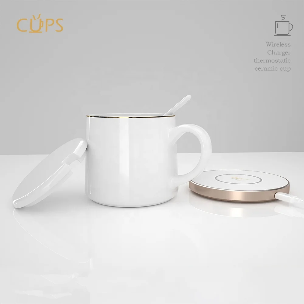 Zeamor Logo Custom Smart 2 in 1 Mobile Phone Wireless Charging Warmer 55 Degree Tea Cup Coffee Mug Gift Set For Home Office