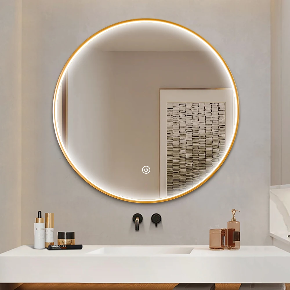 Bathroom Round Mirror With Gold Frame Luxury Hotel Smart Anti Fog Backlit Mirror Led Makeup Mirror Touch Screen