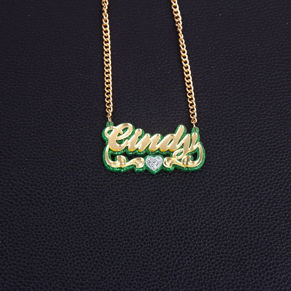 2022 New Double Plated Colorful BlingBling Summer Mirror Green Name Necklace Custom Acrylic Pendant Bamboo Hoop Earrings Set