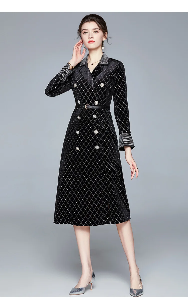 Spot New Products Elegant Casual Wear Temperament Fashion Retro Double-breasted Copper Button Plaid Windbreaker Jacket