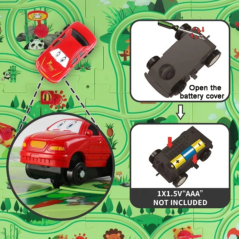 DIY assembling puzzle track car play set kids educational track jigsaw railway building puzzle board kits with electric vehicles