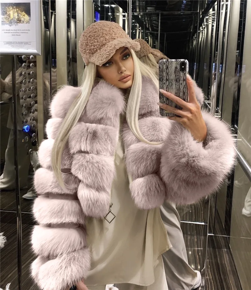 Fashion design solid colors women ladies winter warm faux fox fur short coats jackets with hooded
