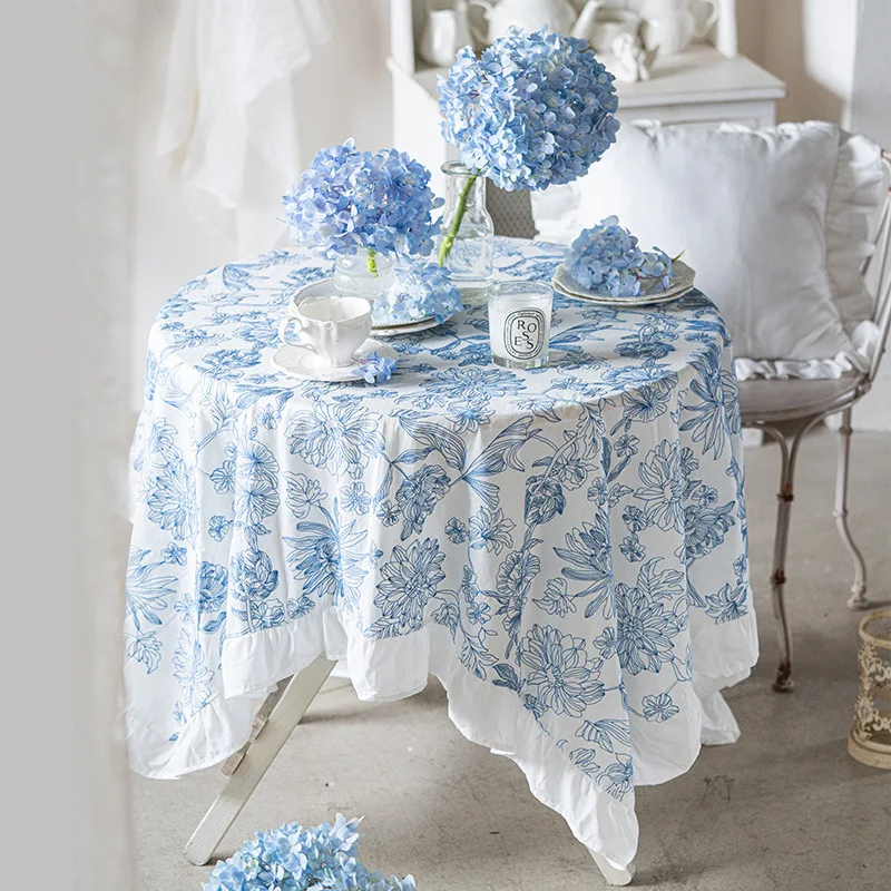 Modern waterproof 100% cotton blue white porcelain embroidery table cloth round rectangle ruffled jacquard table cloth