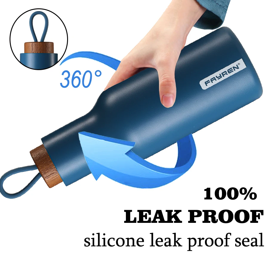 FAYREN Reusable BPA-Free Flask Stainless Steel Vacuum Insulated Thermos water bottle with solid wood Lid