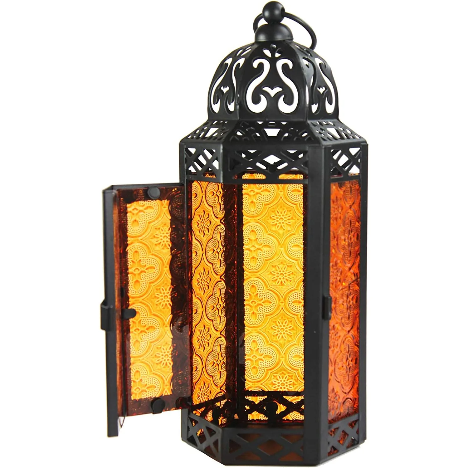 Vintage Moroccan Halloween Candle Lantern Holder Ramadan Metal Floral Embossed Glass Panels Hanging Lanterns Arabic Decoration
