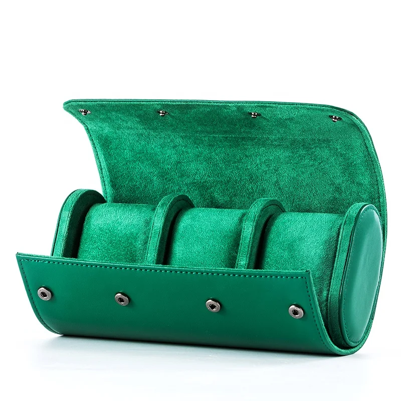 Wholesale Luxury 1/2/3 slot watch cases soft pillow high quality custom watch box green pu watch roll