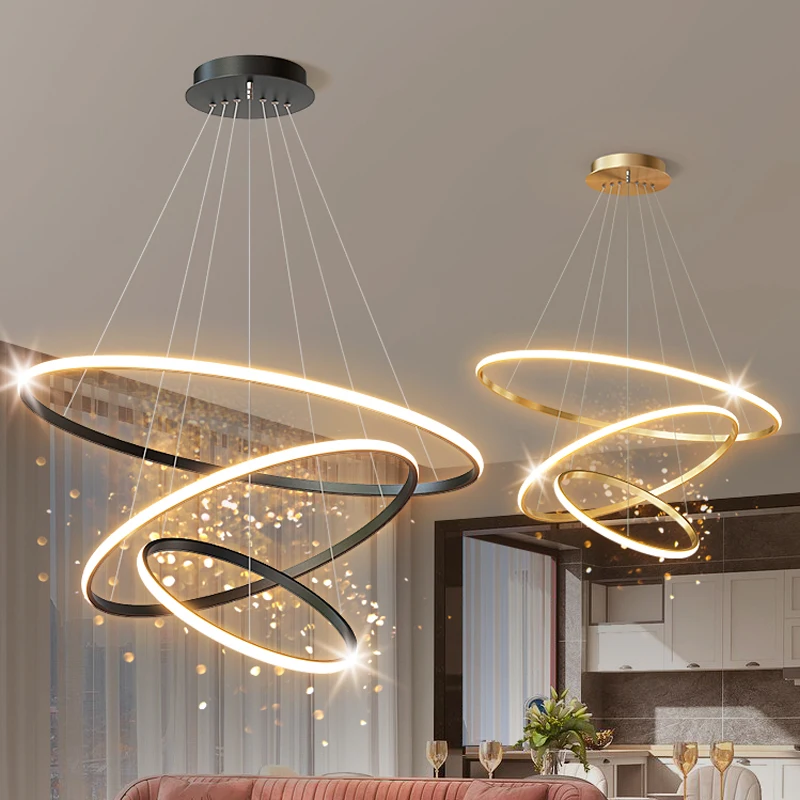Home Decorative Modern Bedroom Living Room Hotel Circle Hanging 3 Ring Acrylic Gold Luxury Round Led Chandelier