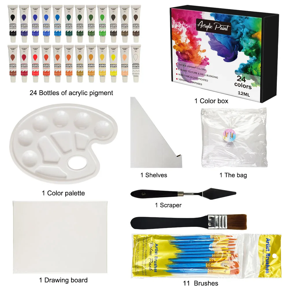Wholesale Art Supplies 24 Colors Non-toxic Water-based Acrylic Paint Brush Set