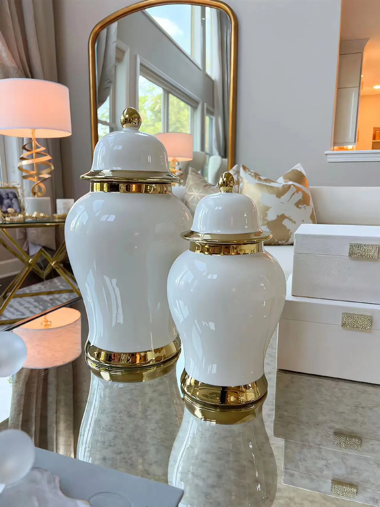 MSH European Light Luxury Luxury Golden White Temple Jars Home Decoration Porcelain Vase