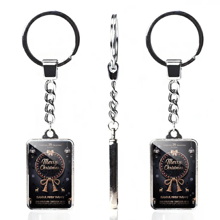 New Design Promotional Custom Logo Merry Christmas Pattern Photo Rectangle Double-Sided Glass Keyring For Gift