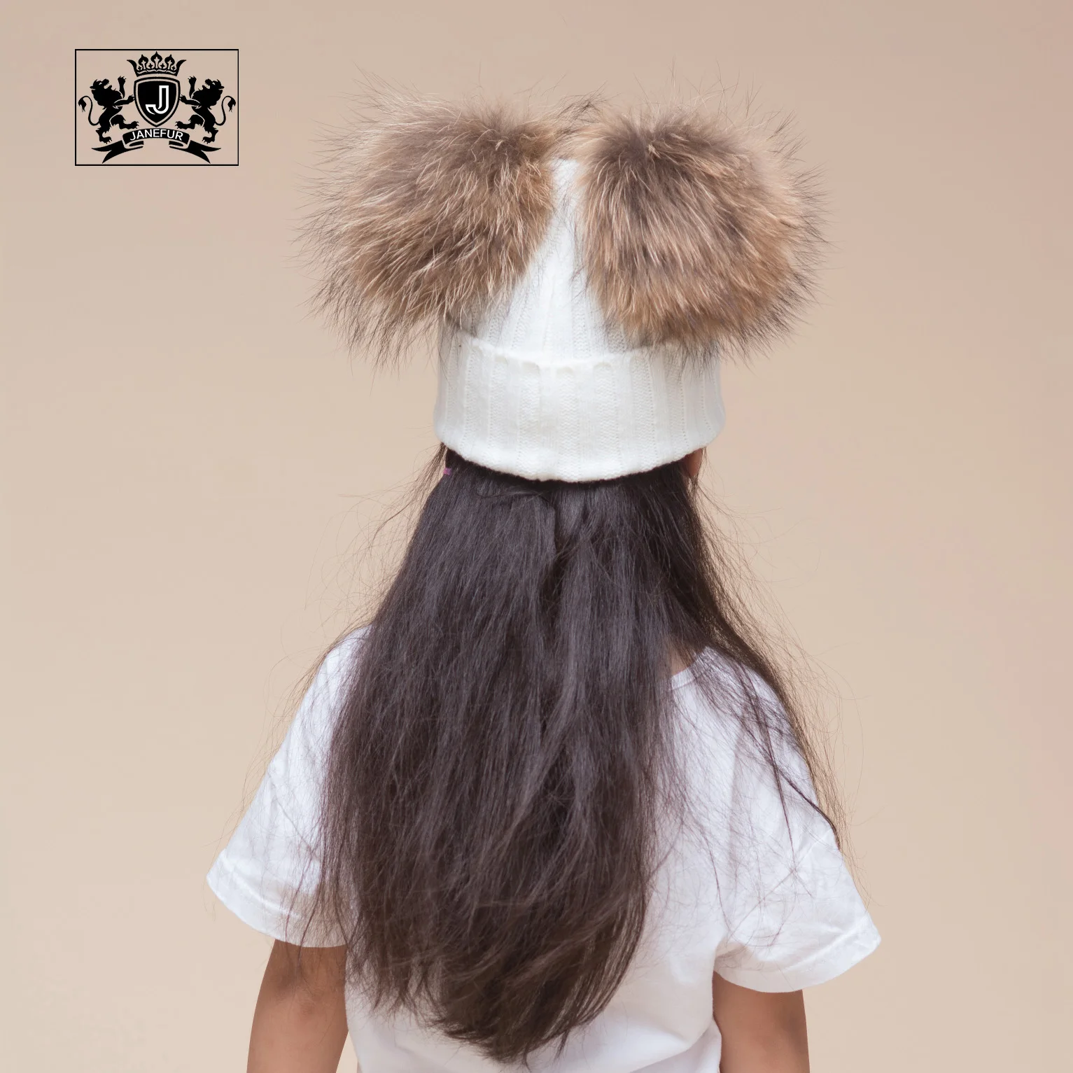 Janefur China Manufacturer Oem Children Big Balls Crochet Hat Winter Raccoon Fur Pompons Beanie Double Thickness Hats
