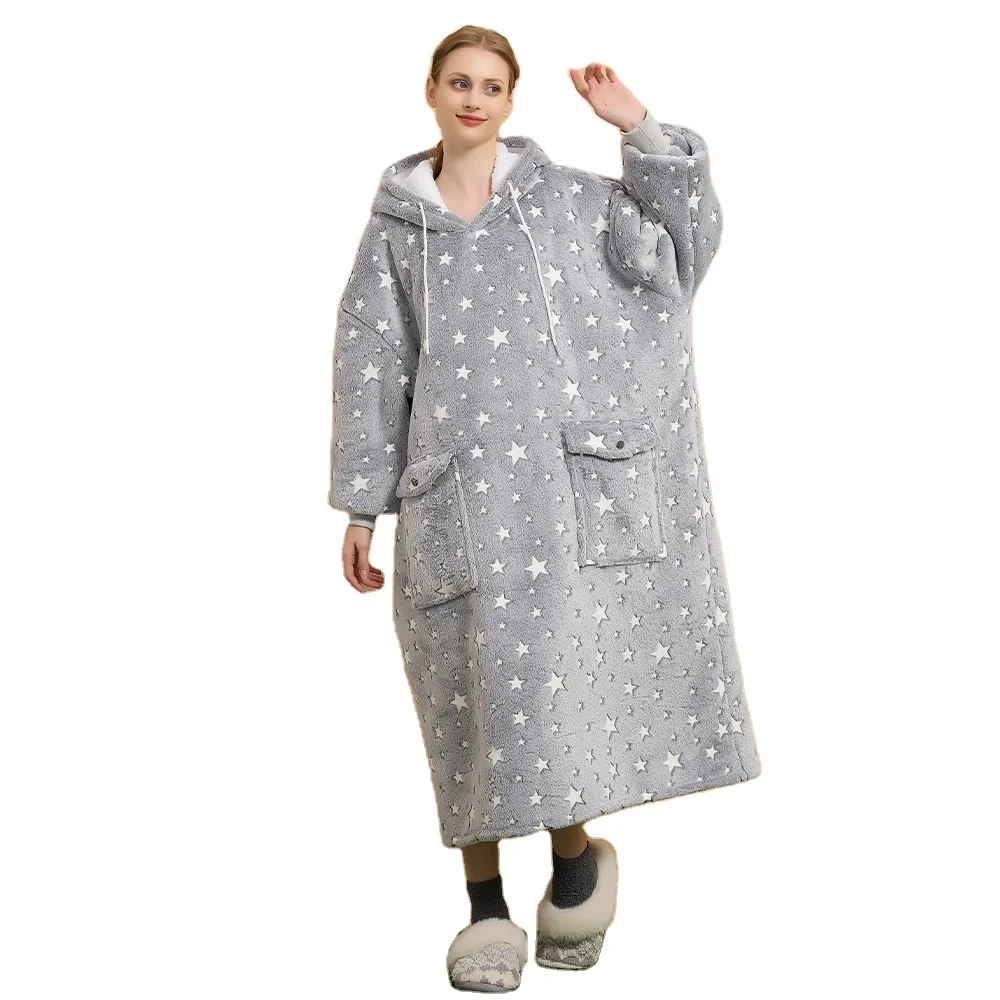 Long Oversize Sherpa Flannel Blanket Hoodie Big Pocket Blanket Sweatshirt For Women Men Teens