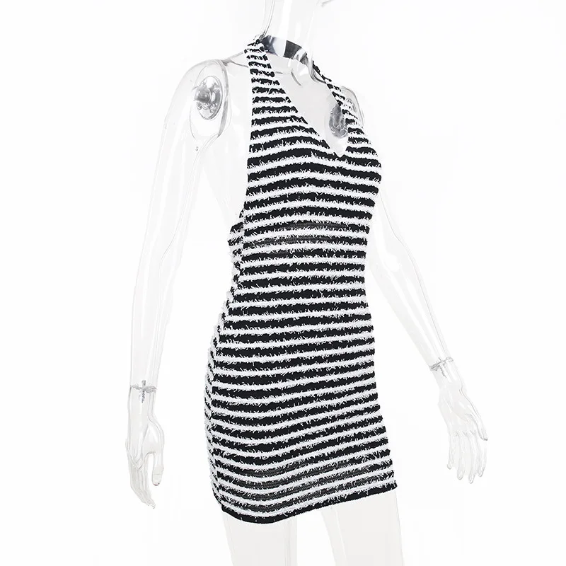 Black White Striped Dress Halter Sleeveless Mini Tight Dress Sexy Open Back Dresses