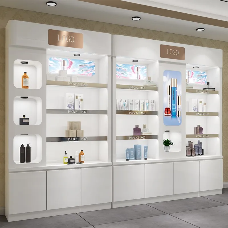 Customized White Cosmetic Store Shelves Fixtures Beauty Skincare Products Shop Wall Shelf Showcase With Led Light