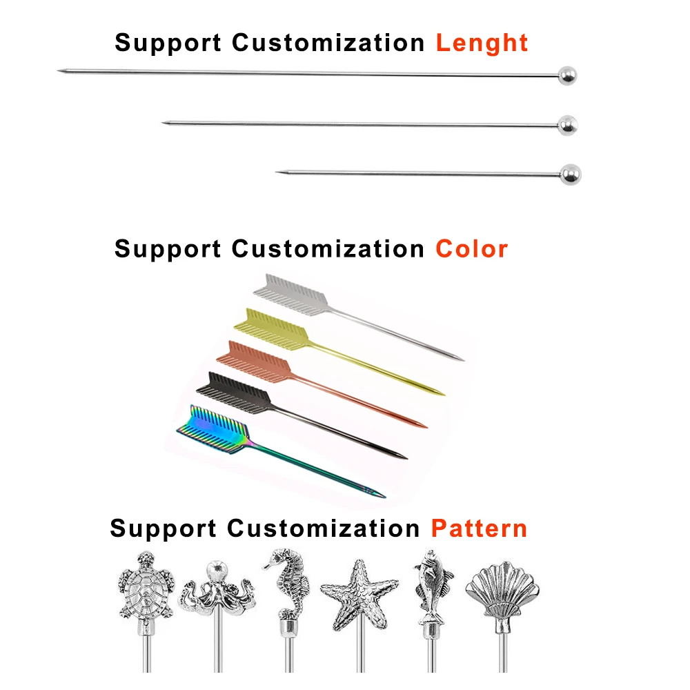 Custom Bar Tools Carving Garnish Decorative Food Drink Coffee Silver Fruit Toothpicks Stainless Steel Cocktail Stir Sticks Pick