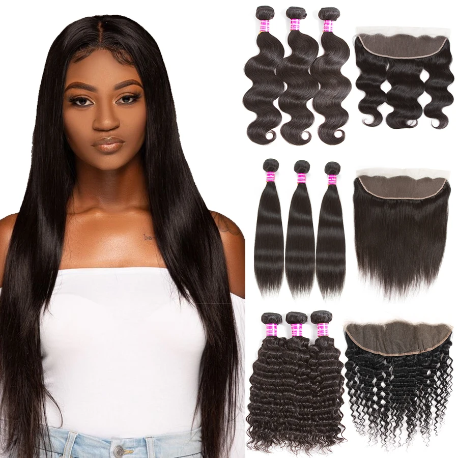 
Глубокая волна пучки с фронтальной дешевые бразильские человеческие виргинские волосы плетение пучки с кружевной фронтальной застежкой для женщин оптовый заказ 