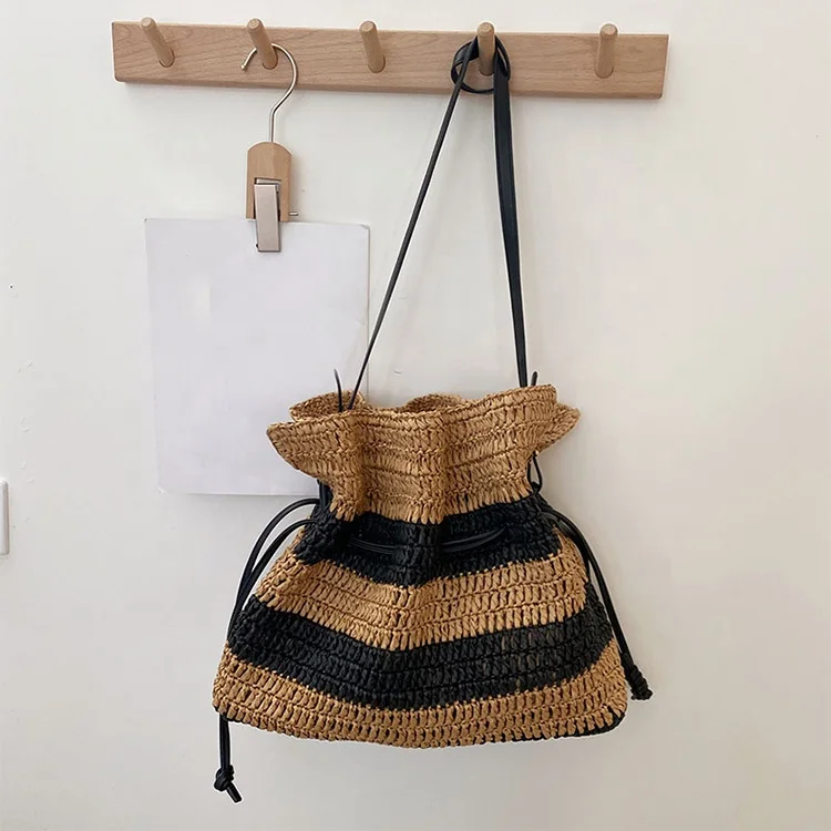 Fashion ladies holiday beach tote summer crochet bag designer stripe straw bag handmade shoulder bags