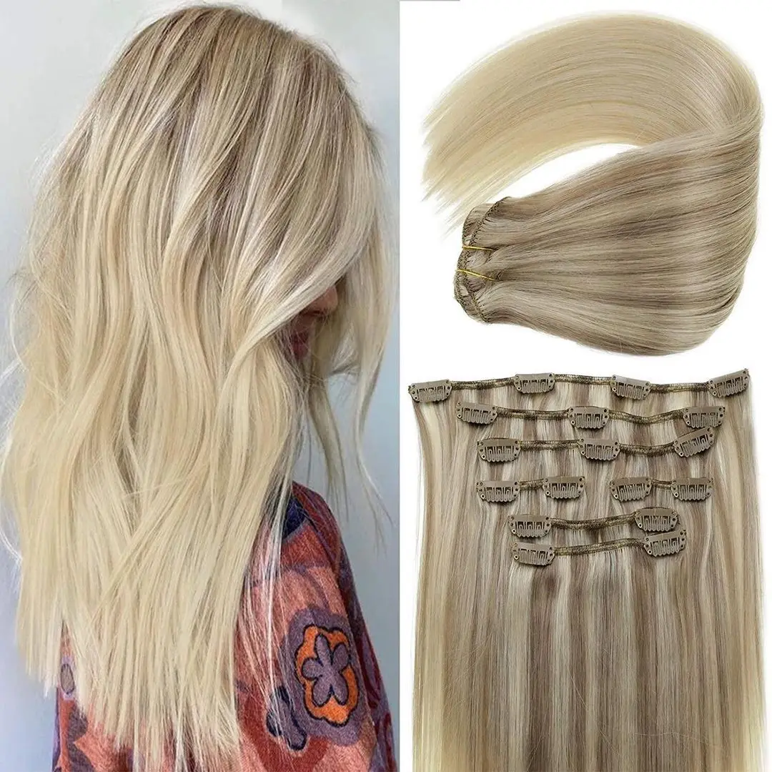 100% Russian Human Remy Clip On Hair Extensions Wholesale Natural Seamless Indian Clip In Hair Extension