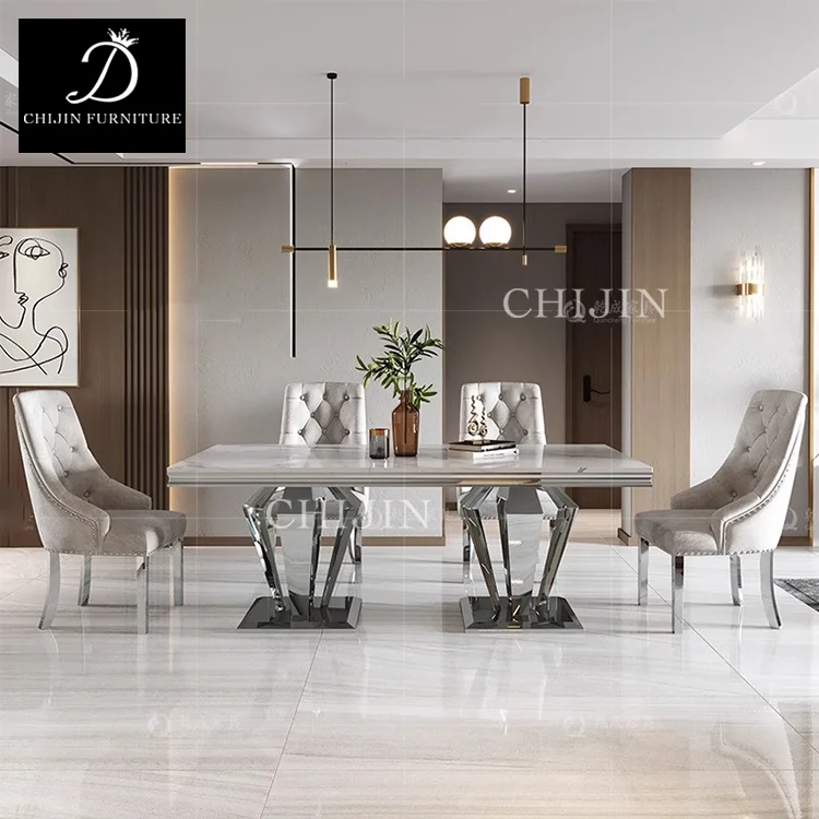 Luxury Kitchen Table Set 6 Chairs Stainless Steel Marble Dining Table and Chairs Furniture