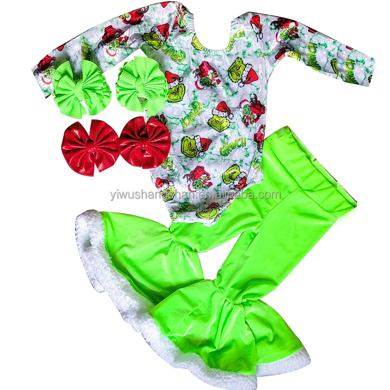 Winter Christmas Baby Clothing Outfits Velvet Romper Leotards+Fur Green Velvet Bell Pants Two Pieces Suits