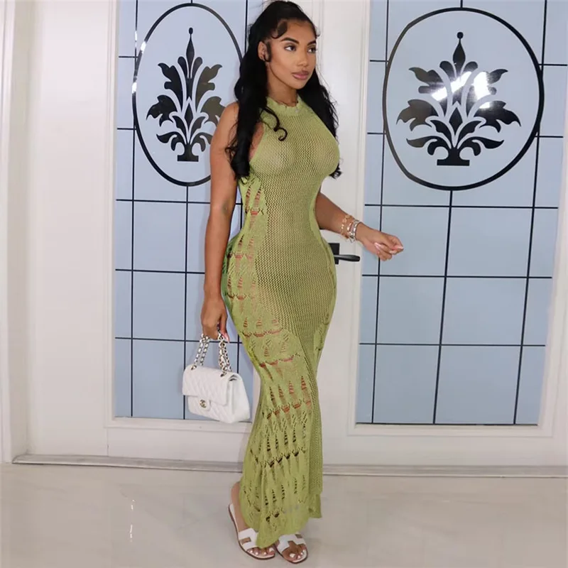 Sexy Summer Beach Wear Knit Hollow Out Maxi Dresses For Women