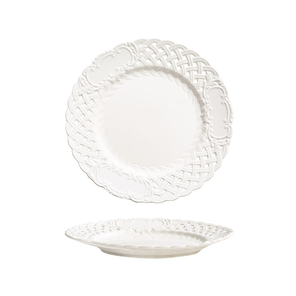 Ceramic retro white steak plate tableware embossed hollow lace plates and dishes