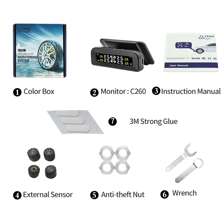 Car TPMS Tire Safety Monitoring System Solar Power Digital LCD Display Auto Security Alarm External Tyre Pressure Sensor