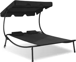 Double Sun Lounger with Sun Canopy, Two Neck Cushions & Wheels